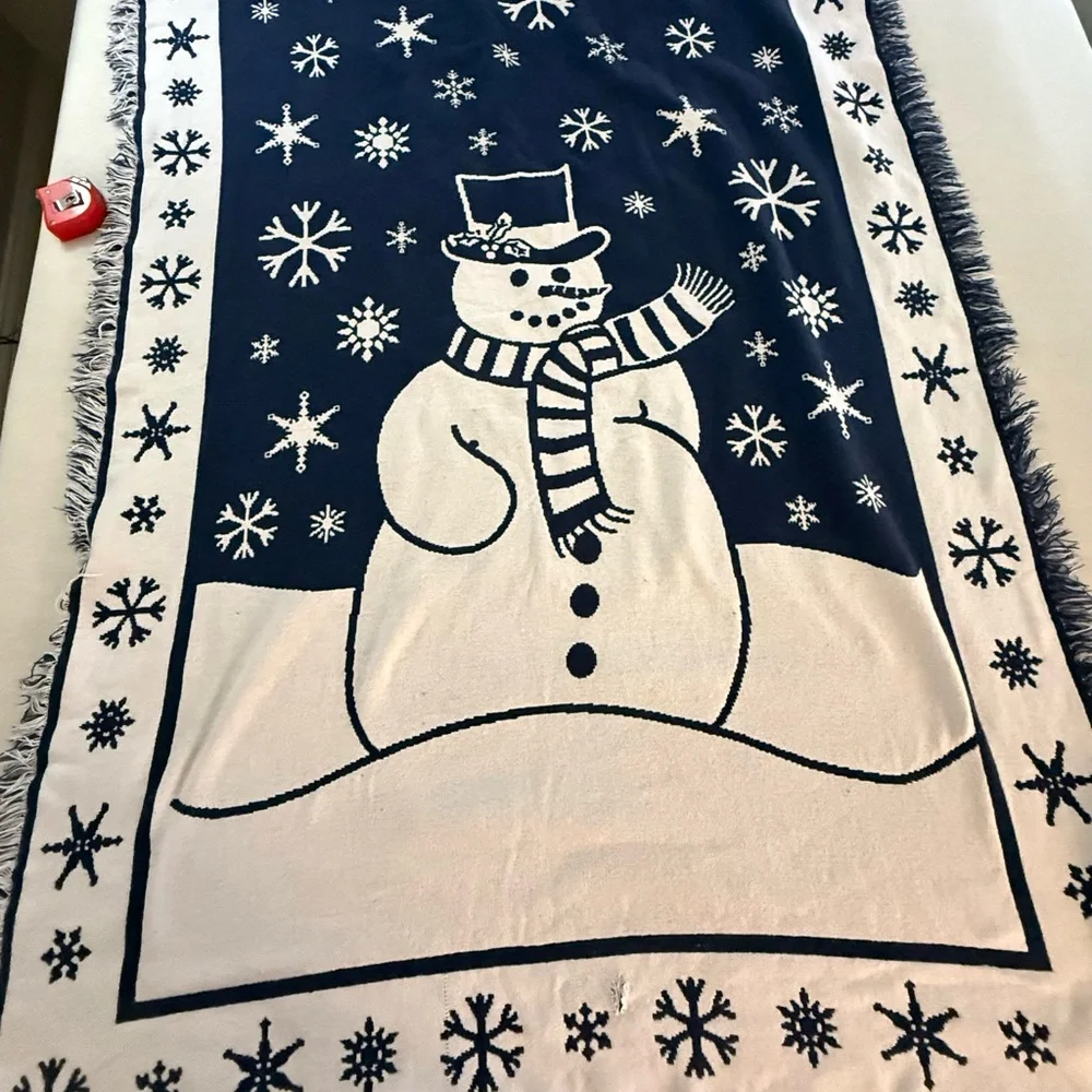 Festive Snowman Holiday Throw Blanket - Blue and White